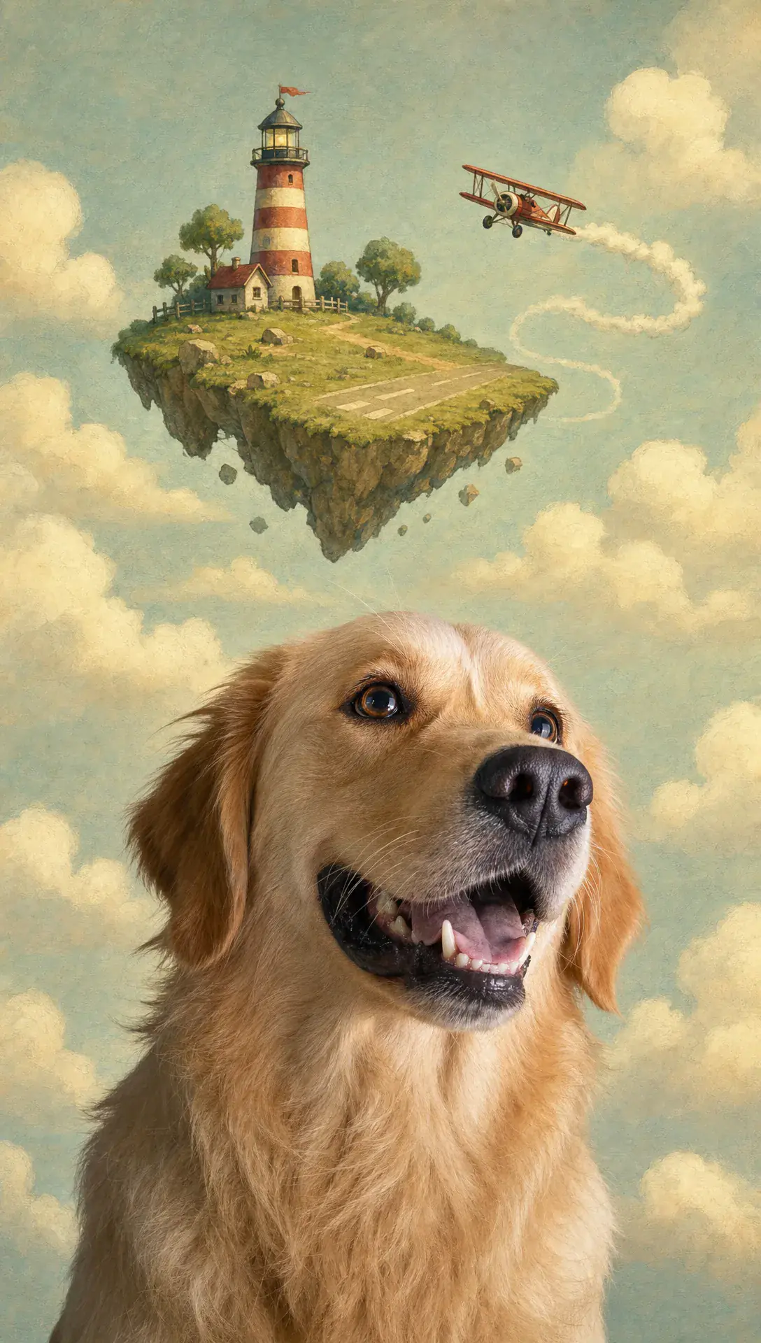 Illustration of Merlot the Golden Retriever relaxing on a tropical island