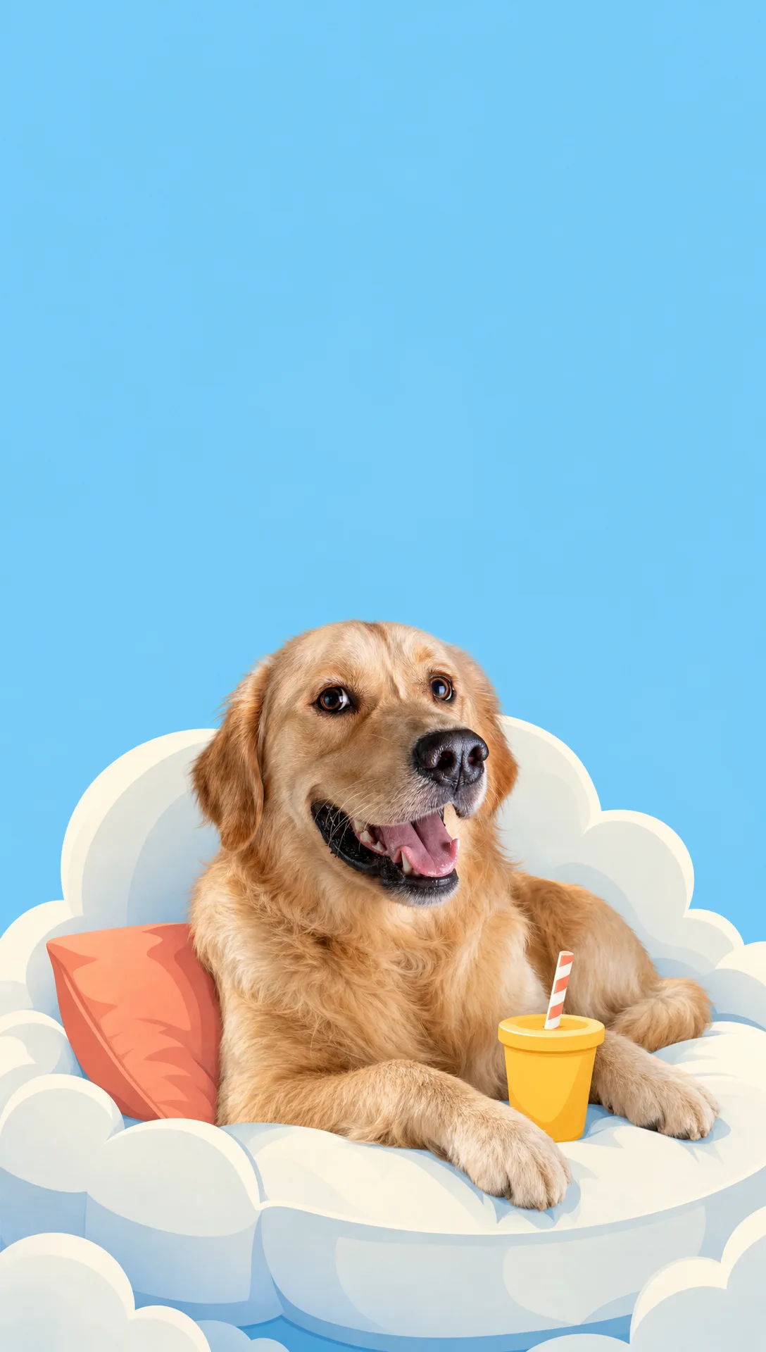 Illustration of Merlot the Golden Retriever relaxing on a cloud with a drink under a bright sun