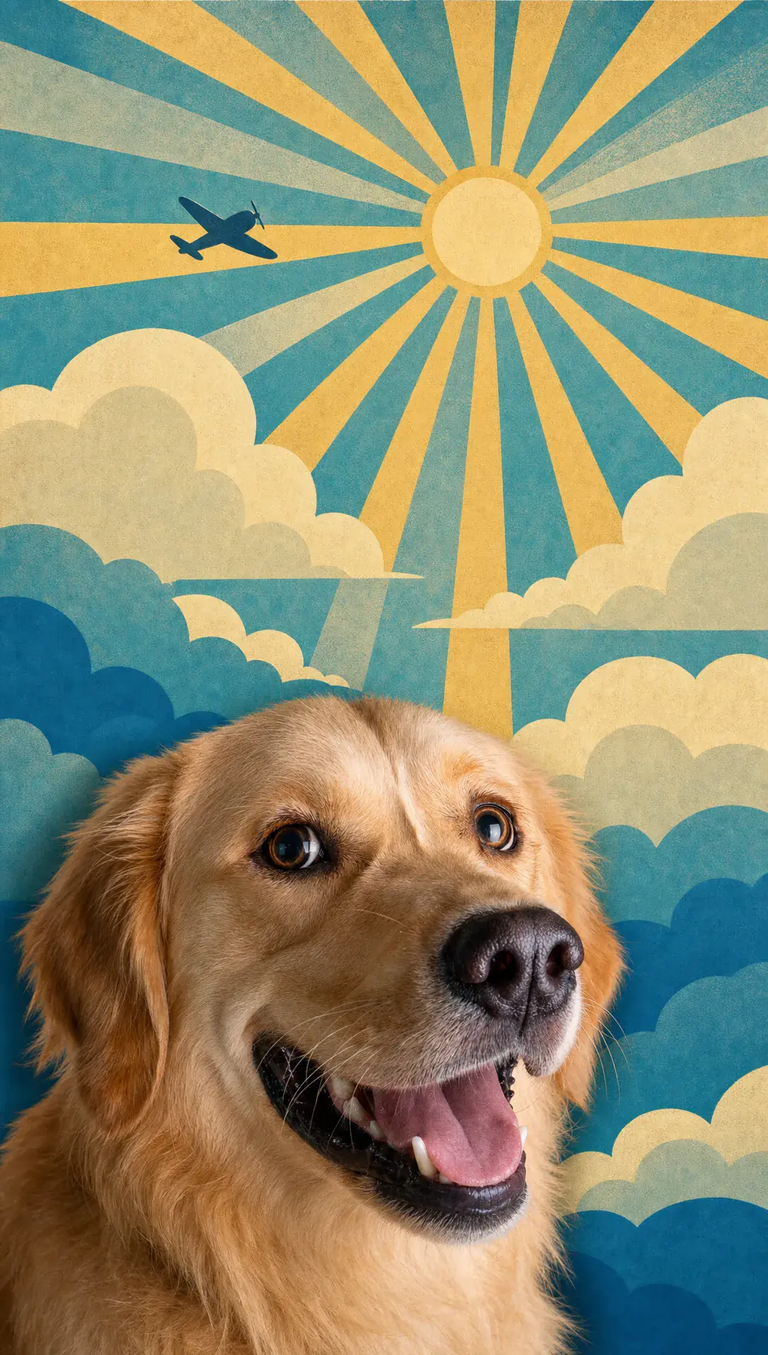 Illustration of Merlot the Golden Retriever styled as a vintage travel poster