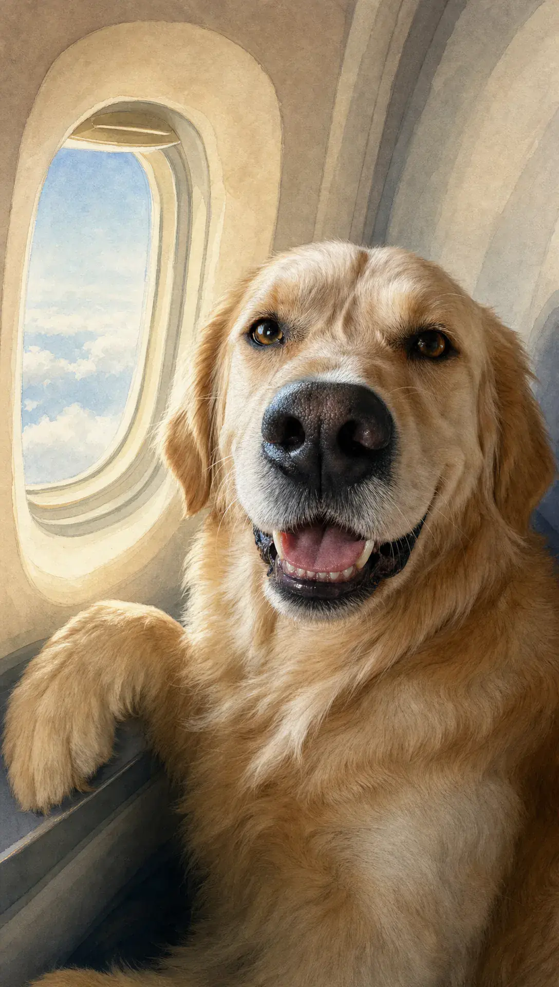 Illustration of Merlot the Golden Retriever smiling beside an airplane cabin window with clouds outside