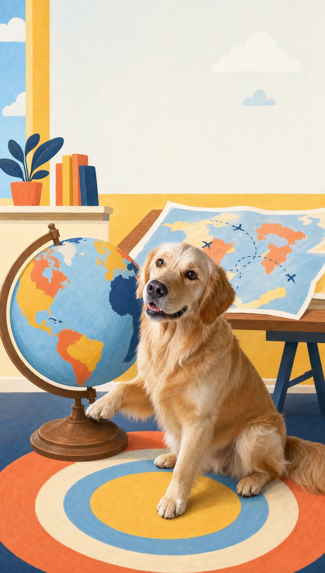 Merlot the Golden Retriever resting beside a travel planner notebook and boarding pass