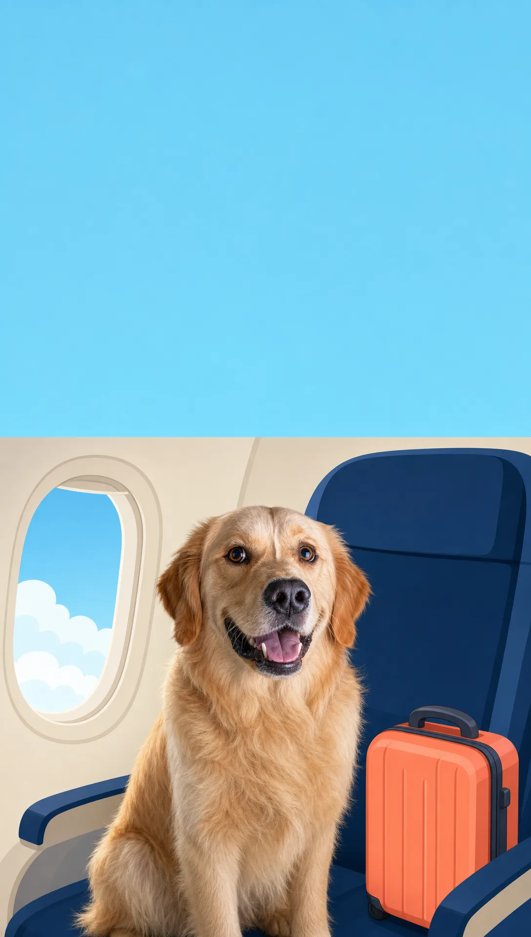 Merlot the Golden Retriever settled calmly on the cabin floor beside his handler's seat during a flight
