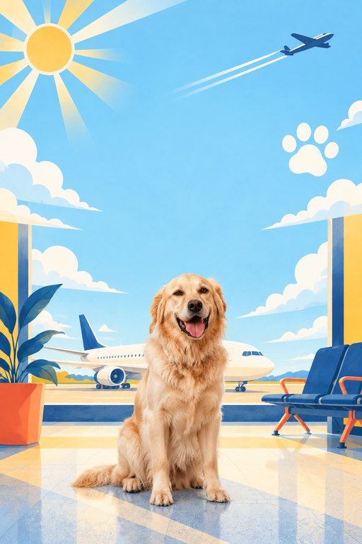 Merlot the Golden Retriever against a sky-postcard scene with planes and clouds